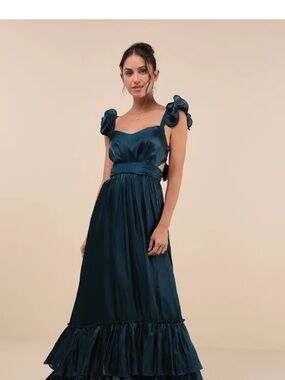 Lulu's Dark Teal Ruffled Tie-Back Maxi Dress